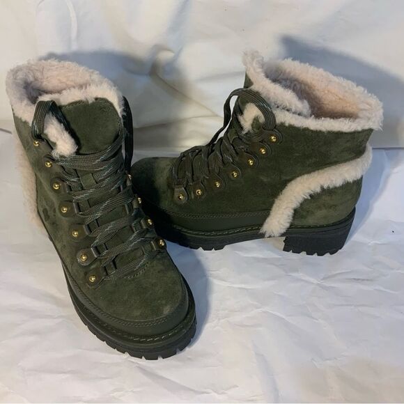 Tory Burch Boxwood Green Suede Cooper Shearling Bootie 5M - Picture 2 of 15